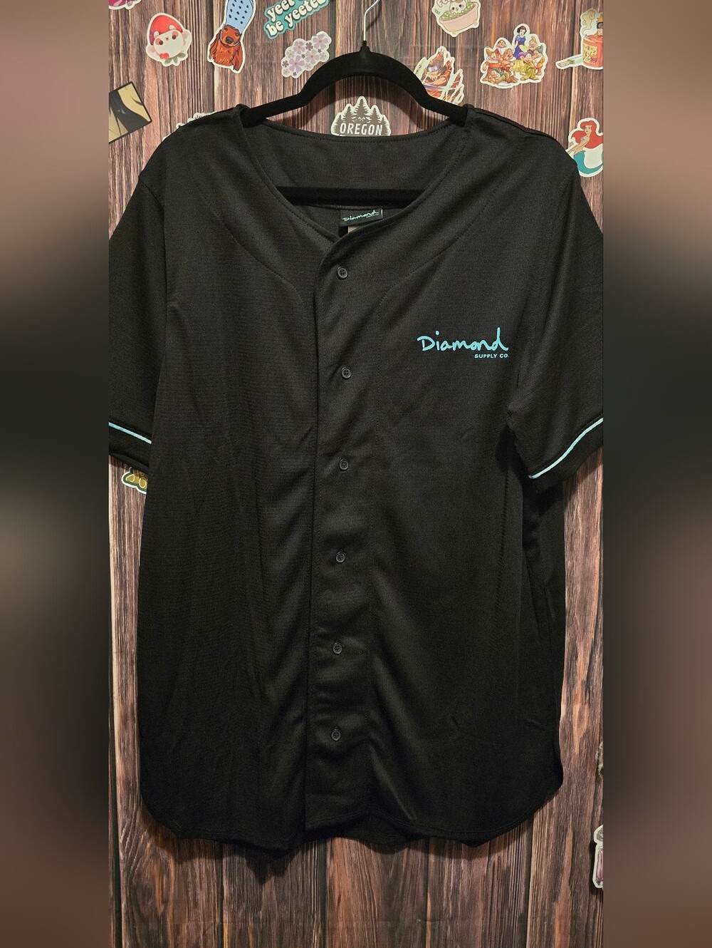 Diamond Supply Co. Men's Black Button Baseball Jersey with Teal Script